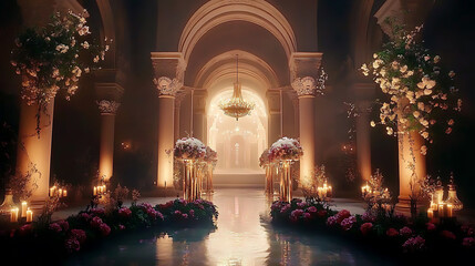 Luxurious wedding scenes in elegant natural and architectural settings, surrounded by florals, candlelight, and evolving romantic atmospheres.