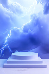 Dramatic lightning illuminating a cloudy sky over a minimalist podium in a serene setting