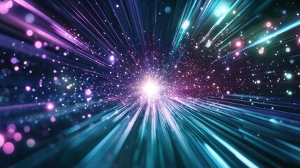 Obraz premium A cosmic-inspired abstract design with radiant stars, glowing light trails, and vibrant shades of purple and teal, creating a sense of depth and mystery