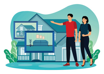 Real estate photography concept. Couple exploring interior and exterior house.