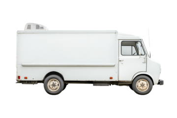 White vintage delivery truck profile view, isolated on transparent background, blank side panel, weathered exterior, classic design, ready for your branding