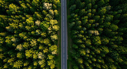 Aerial view of straight road cutting through dense green forest, scenic wilderness landscape, top down drone shot of coniferous pine trees, natural symmetry, travel and adventure concept, untouched na
