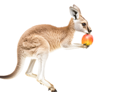 Red Kangaroo joey delicately holding a red apple, isolated on transparent background, studio shot, wildlife, animal portrait, marsupial