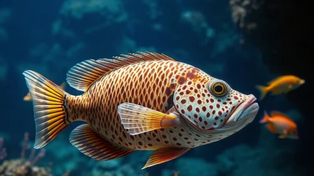Colorful spotted fish swimming underwater with bubbles and coral reef background
