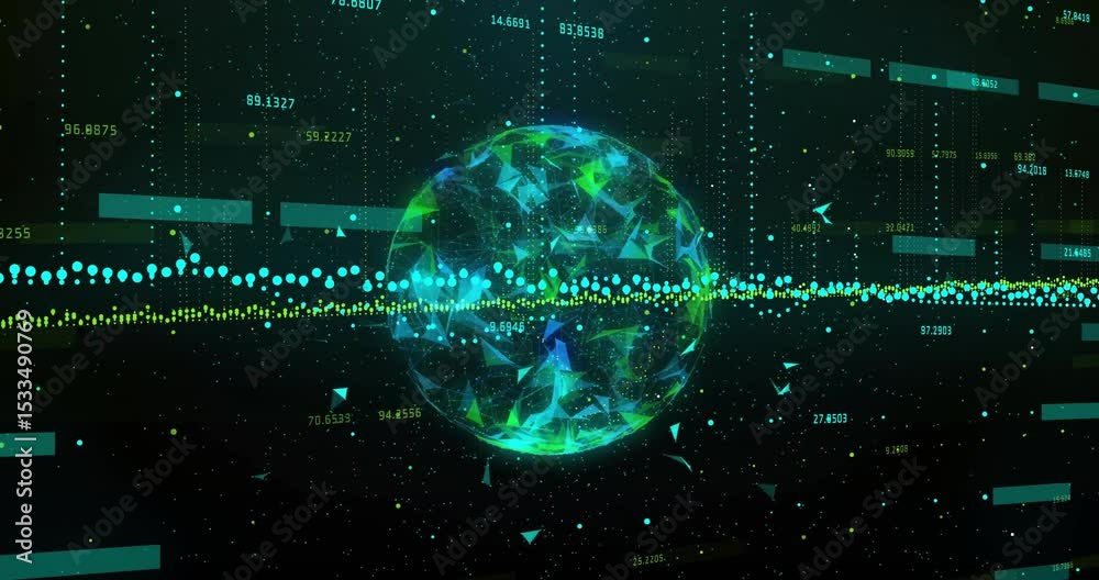 Poster fading sphere glowing in data field while waveform dots sliding bisecting and streams looping