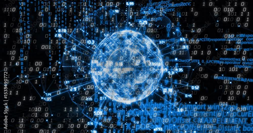 Poster Luminous globe materializing and rotating with radiating nodes, streaming binary to show data flow