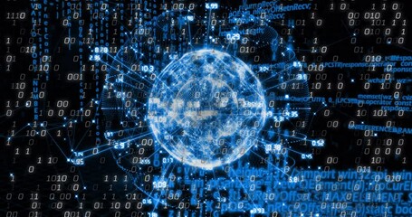 Luminous globe materializing and rotating with radiating nodes, streaming binary to show data flow - Powered by Adobe