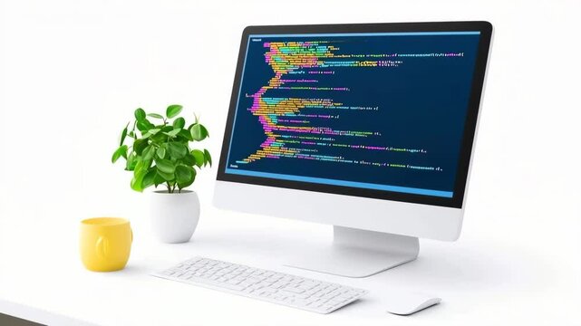 The computer screen displaying lines of colorful code The text gently scrolls upwards at a moderate pace, new lines of code appearing at the bottom The cursor blinks rhythmic