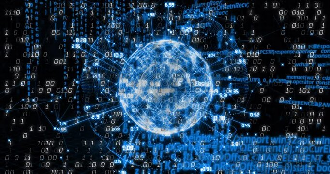 Luminous globe materializing and rotating with radiating nodes, streaming binary to show data flow