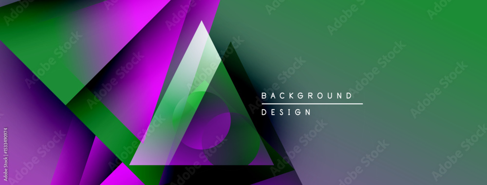 Poster abstract geometric shapes overlap, creating vibrant gradients. green, purple hues dominate design, m