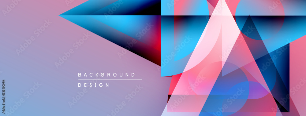 Poster abstract geometric shapes overlap, creating vibrant color gradients. purple background complements p