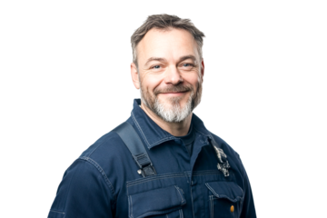 Smiling mature male mechanic portrait, wearing dark blue work overalls, transparent background