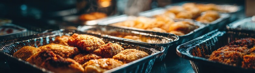 Processed meals contain greasy calories and salty soda taste concept. Close-up of delicious, crispy golden fried snacks in trays.