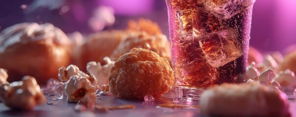 Soda overload fast food with sugar, and salt mix concept. An inviting spread of snacks and refreshing soda on a vibrant background.