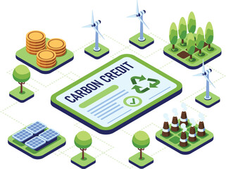 Isometric Carbon Credit with Solar Panels and Eco-Friendly Factories