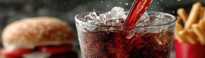 Soda overload fast food with sugar, and salt mix concept. Refreshing cola with ice, burger and fries in the background.