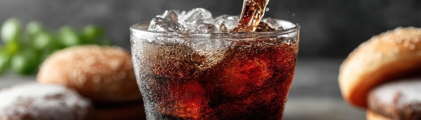 Soda overload fast food with sugar, and salt mix concept. Refreshing soda served with ice and delicious donuts.