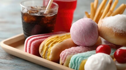 Soda overload fast food with sugar, and salt mix concept. Delicious assortment of colorful desserts and refreshing drinks.