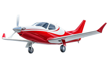 Red and white single-engine propeller airplane isolated on transparent background, showcasing sleek design and modern aviation technology.