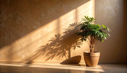 Obraz premium Sunlight through window blinds casting striped shadows across wooden floor and furniture, cozy home interior, photorealistic interior