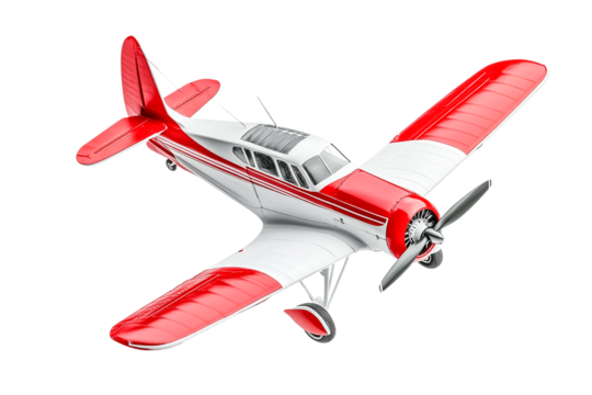 Classic red and white airplane isolated on transparent background, vintage propeller plane, aerial view