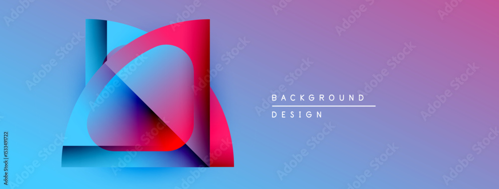 Poster Abstract design features layered shapes, vibrant colors. Gradient background transitions from blue to purple, red accents present. Modern aesthetic.
