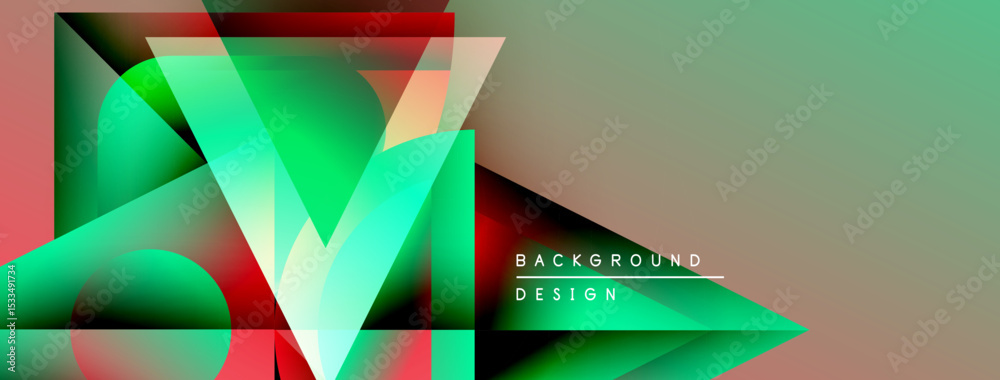 Poster abstract geometric shapes overlap, creating vibrant color gradients. design features green, red, plu