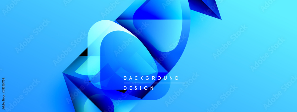 Poster Abstract blue shapes overlap, creating dynamic composition. Gradient hues suggest depth, modern design aesthetic. Minimal text present.