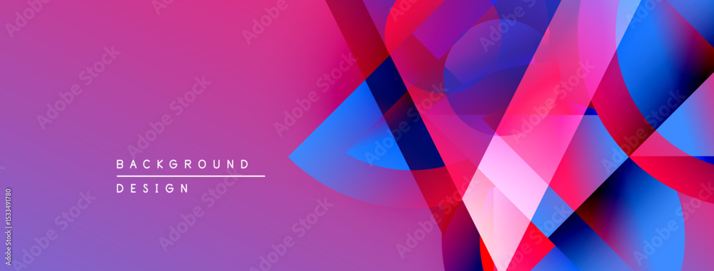 Poster Abstract geometric shapes blend vibrant colors. Purple background creates dynamic visual effect. Modern design element.