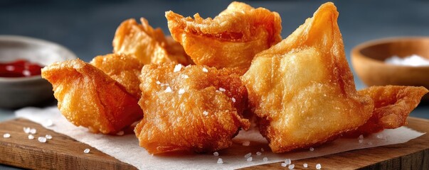 Greasy bites snack with taste and salt overload concept. Delicious crispy dumplings served with dip on wooden board.