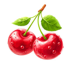 Two ripe red cherries with green leaves and water droplets, transparent background, close-up view, vibrant color, fresh fruit, healthy food, juicy cherries,