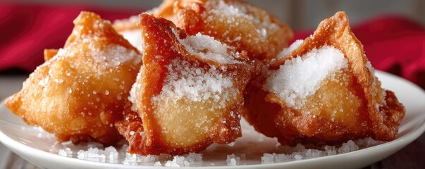Greasy bites snack with taste and salt overload concept. Delicious sweet pastries dusted with powdered sugar.