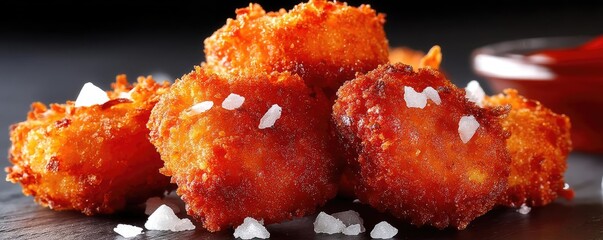 Greasy bites snack with taste and salt overload concept. Delicious golden crispy snacks with a side of tangy sauce.