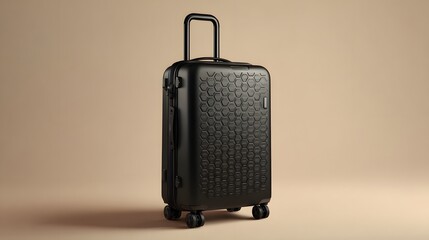Naklejka premium Sleek, Hyper-Realistic Black Hard-Shell Suitcase with Hexagonal Pattern Standing Against a Neutral Background