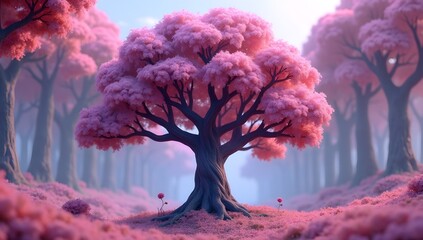 A majestic tree with lush pink foliage stands in a serene forest, surrounded by a misty atmosphere and soft lighting. The scene evokes a sense of tranquility and otherworldliness