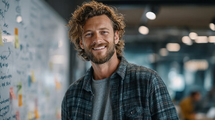 Fototapeta premium Bearded Man Wearing Plaid Shirt Exuding Casual Style in Relaxed Outdoor Setting with Natural Light
