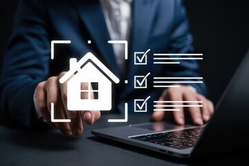 A person interacting with a digital house icon and checklist interface.