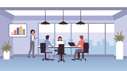 Fototapeta premium A business meeting with four people in a modern office with a graph on the wall and large windows