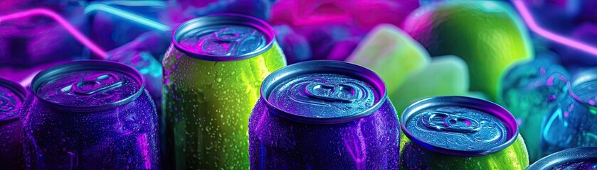 Soda overload fast food with sugar, and salt mix concept. Vibrant soda cans surrounded by colorful ice and lime slices.