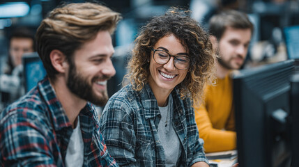 Fototapeta premium Joyful Young Woman Smiling While Working at Computer in Bright Cozy Home Office Setting Inspiring Focus