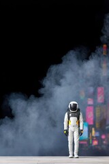 Obraz premium Astronaut in Silver Space Suit Walking Through Smoky City at Night