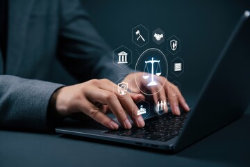 Hands typing on a laptop with legal icons overlaid.
