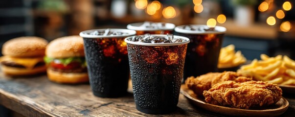 Soda overload fast food with sugar, and salt mix concept. Delicious fast food spread with drinks, burgers, fries, and chicken.
