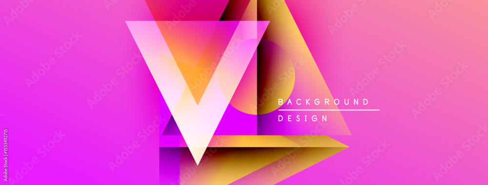 Poster vibrant geometric design. overlapping triangles create dynamic visual effect. pink, purple, yellow h