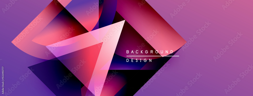 Poster Abstract geometric shapes, vibrant purple hues, modern design. Gradient colors create dynamic visual effect. Background features sharp angles.