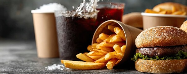 Soda overload fast food with sugar, and salt mix concept. A delicious fast food scene featuring burgers and fries.