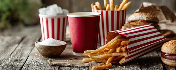 Soda overload fast food with sugar, and salt mix concept. Enjoy a delicious assortment of fast food with fries and drinks.