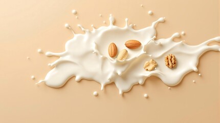 Obraz premium Almonds and walnuts falling into a splash of milk on a light brown surface creating a food still life