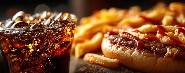 Soda overload fast food with sugar, and salt mix concept. Delicious snack featuring soda, hot dog, and fries.