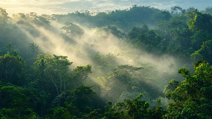 Fototapeta premium ethereal ambiance of a rainforest at daybreak where a veil of mist delicately lingers amidst lush canopy while gentle rays of sunlight gracefully penetrate verdant foliage